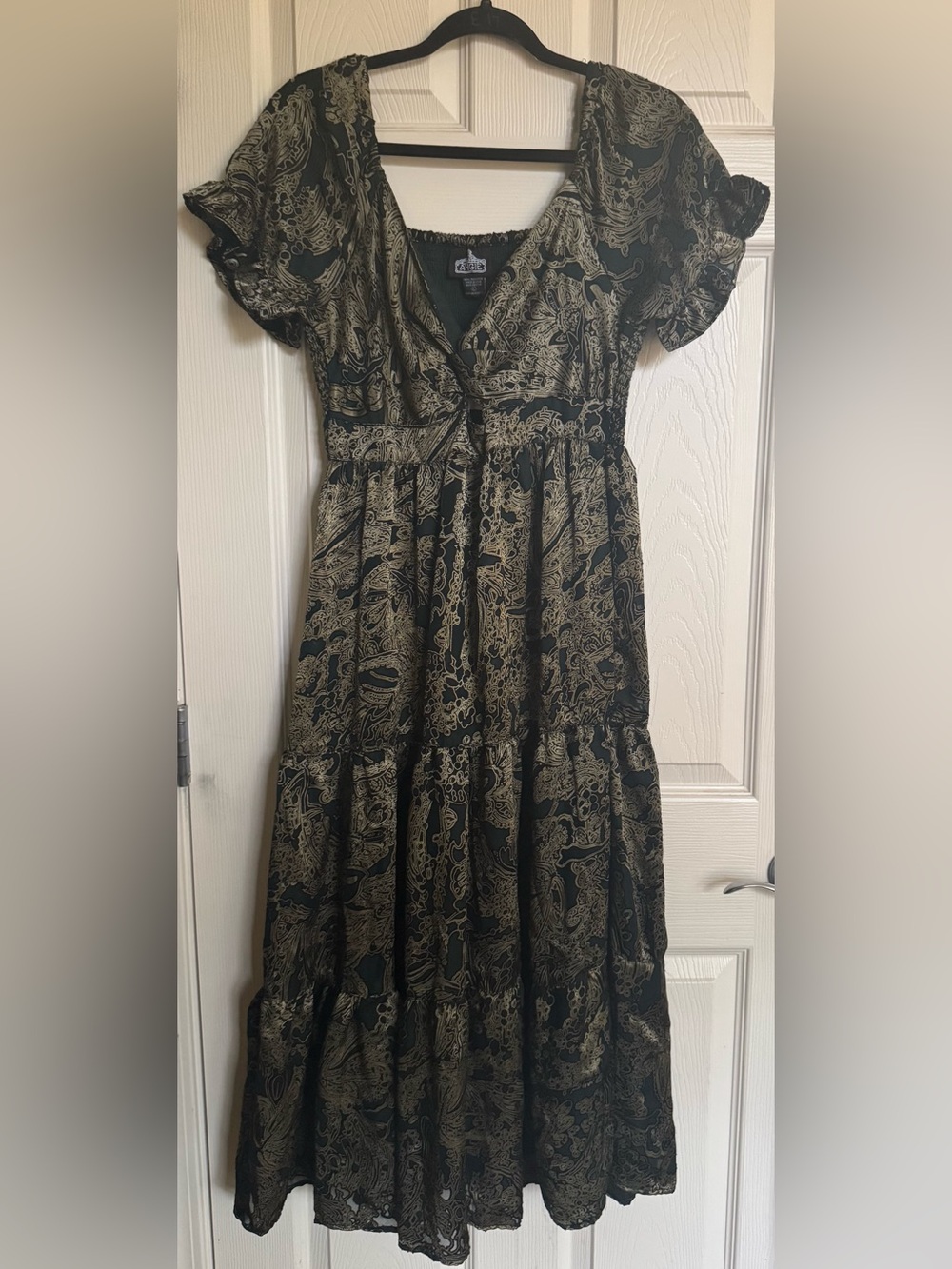 NWT Angie Green and Gold Paisley Tiered Maxi Dress,Multiple Sizes
